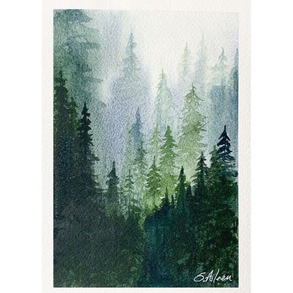 Misty Foggy Pines Watercolor Painting 5x7 PNW Moody Forest Landscape Signed Orig - Picture 1 of 3